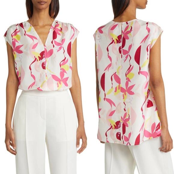 Hugo Boss Silk Floral Sleeveless Abstract V Neck Iore Lightweight Top 8 - Picture 1 of 7